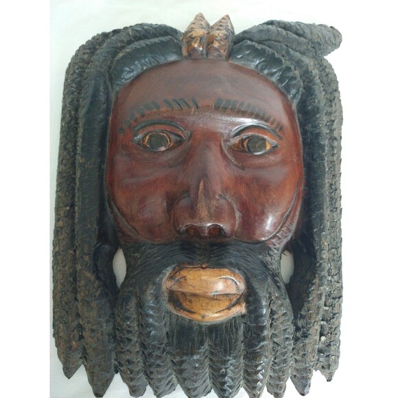 Vintage Jamaican Hand Carved Wood Mask Rasta Art Sculpture 9 x 6.5” Boho Tribal - Picture 2 of 16